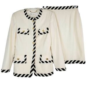 ESCADA Ivory & Black Wool Jacket & Skirt Suit Set Women’s 38/40 US Size 10/12